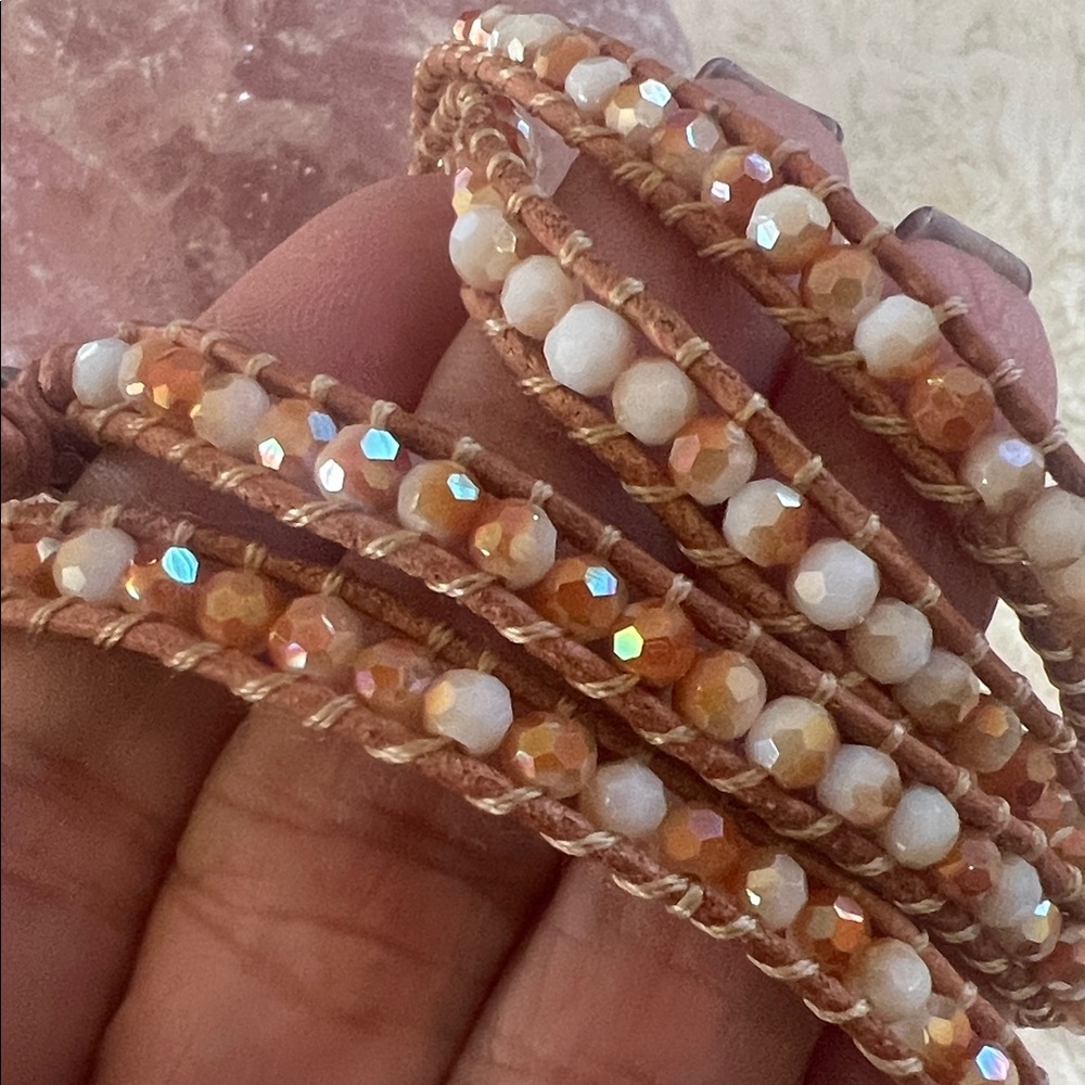 Elegant Tan and White Beaded Wrap Bracelet - Picture 4 of 5